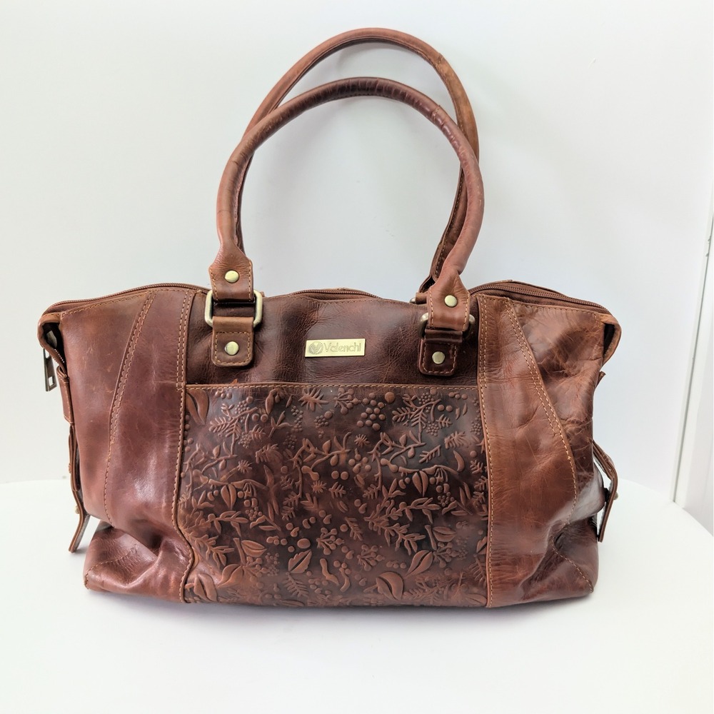 Vintage Valenchi Brown Leather Embossed Floral Shoulder Bag Satchel Bohemian